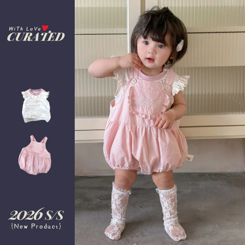 

Girls' Summer Sweet Overalls Set with Flutter Sleeves for Little GirlstT-shirt, top, summer jumpsuit shorts1Baby and children's