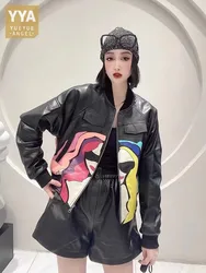 Moda feminina zíper gola colorida impressa jaqueta bomber primavera outono estilo curto pele de carneiro casaco de couro genuíno