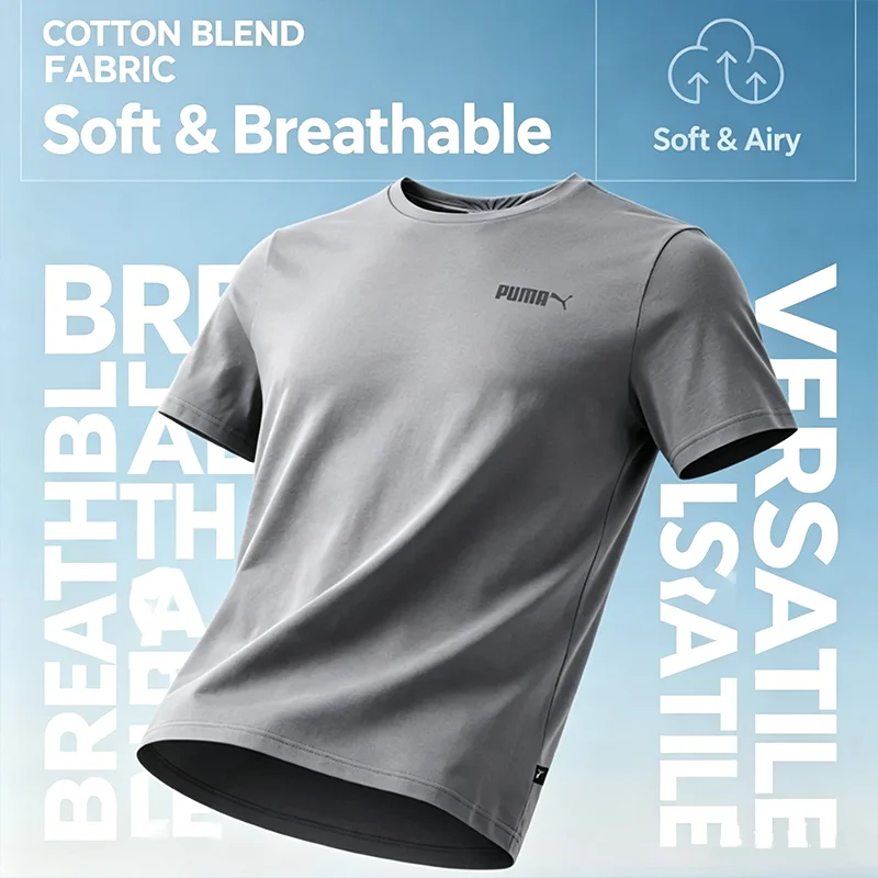 Men PUMA Grey Basic Cotton T-Shirt 691340-62 Breathable Casual Training Short Sleeve Top
