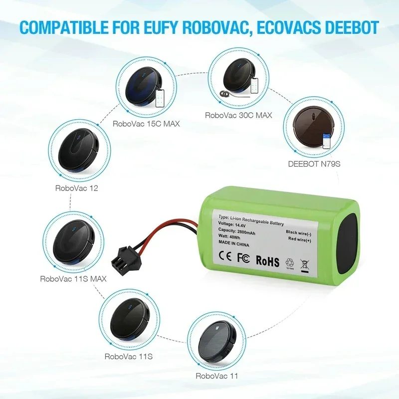 Batterie aux ions Eddie pour Cecotseats, 14.4V, 2800mAh, Conga Excellence, 950, 1092, Ecovacs Deebot, Chr621, 601/605 wald, Fy RoboVac, 35C, Krasnoi7, Andalousie