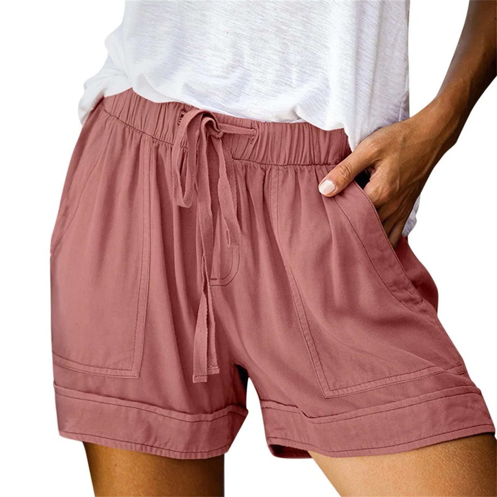 Summer Cotton Linen Shorts For Women Trendy High Elastic Waisted Ruffle Trunks Drawstring Double Pocket Shorts Classic Bottoms