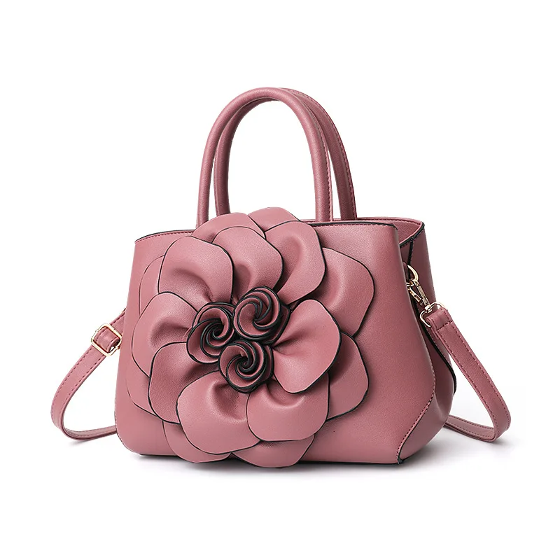 Spring Solid Color College Style Women\'s Bag PU Leather Flower Hand Shoulder Bag Cute Bag