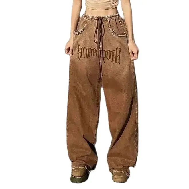 Y2k Brown Vintage Jeans Hip Hop Denim Pants Female 90s Street Style Wide Leg Trousers Women High-Waisted Straight-Leg