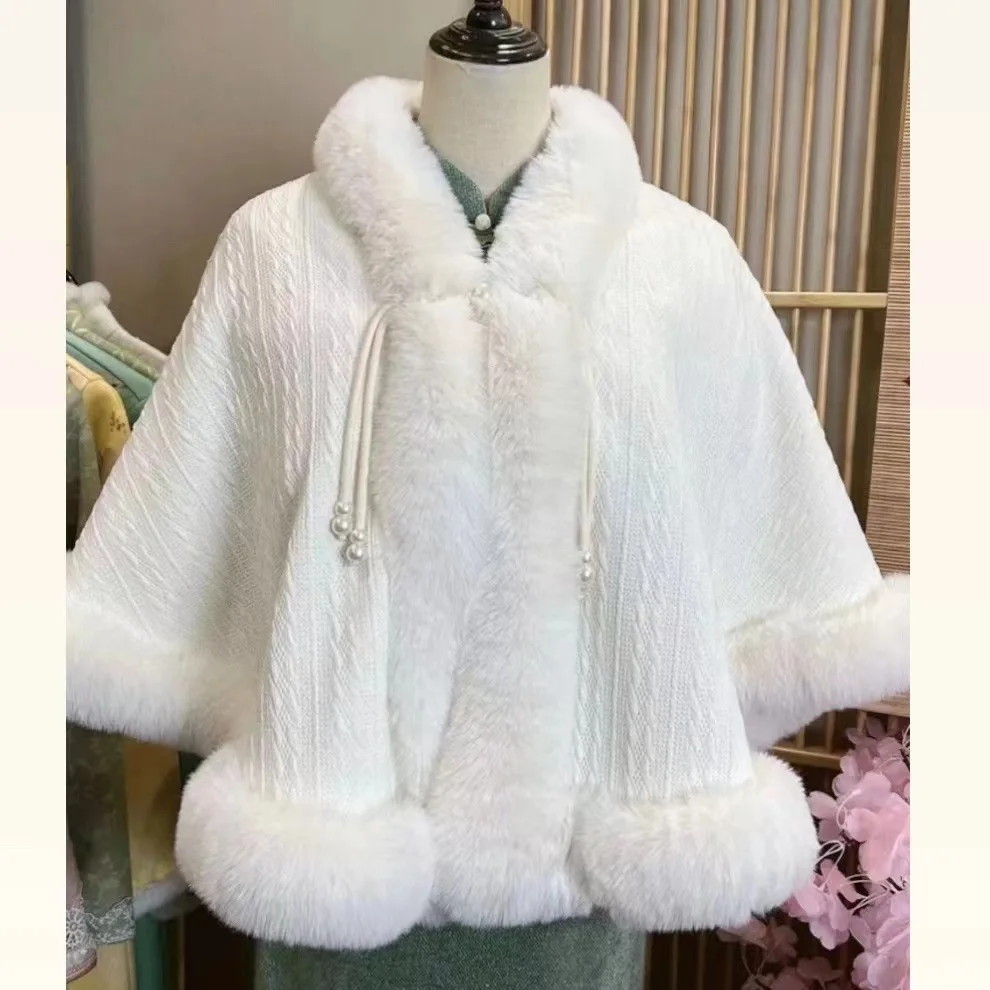 Japan Korea Women Winter Knitted Poncho Cape Outwear Long Faux Fur Collar Cardigan Cloak Loose Batwing  Shawl For Wedding