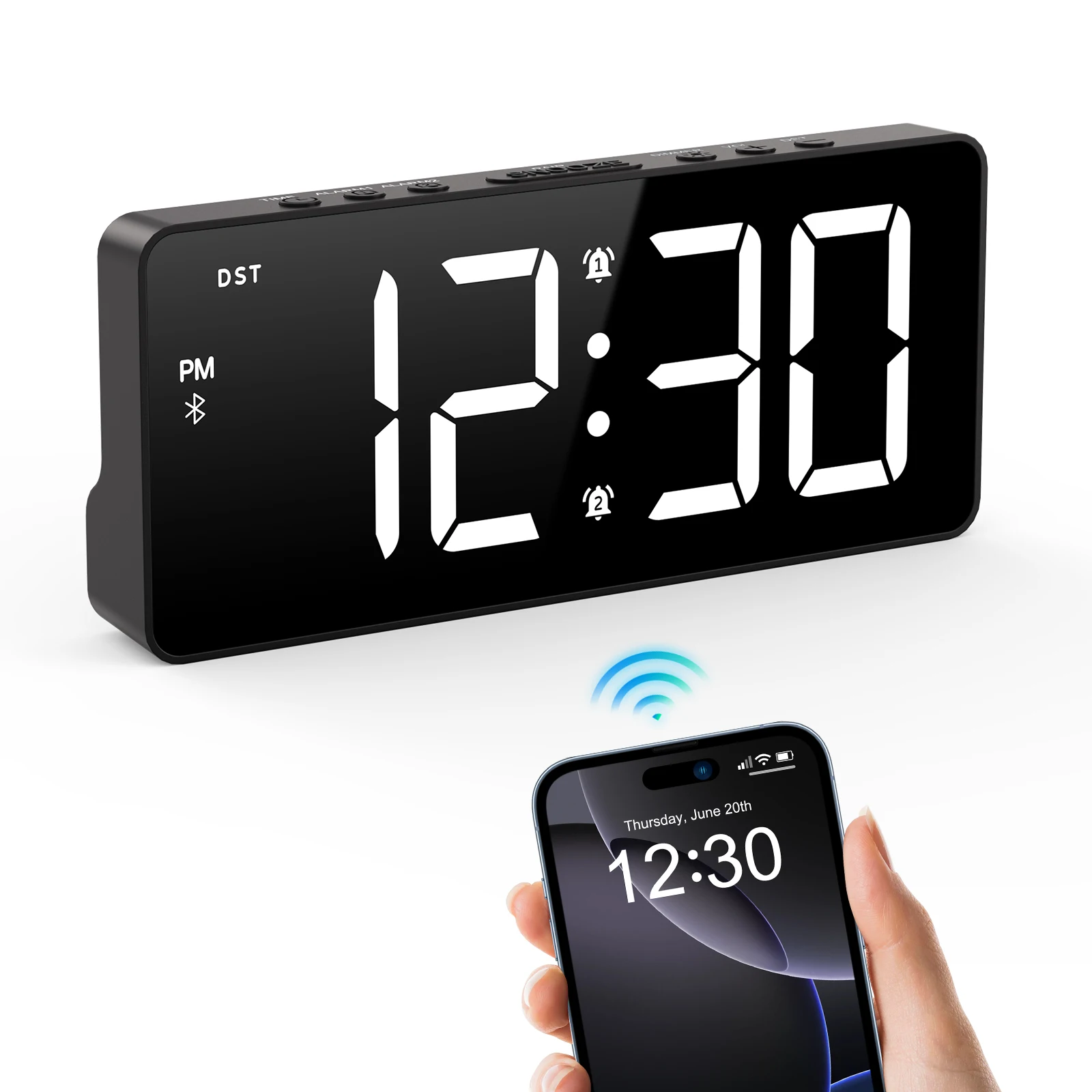 ORIA 7'' LED Alarm Clock with Bluetooth Sync Time Digital Alarm Clock with Dual Alarm & 5 Brightness Levels for Home Office Use