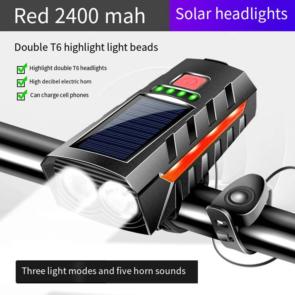 Solar Power LED Bicycle Light with 130db Horn LED Cycling Lantern USB Rechargeable High Beam Bicycle Flashlight for Night Riding