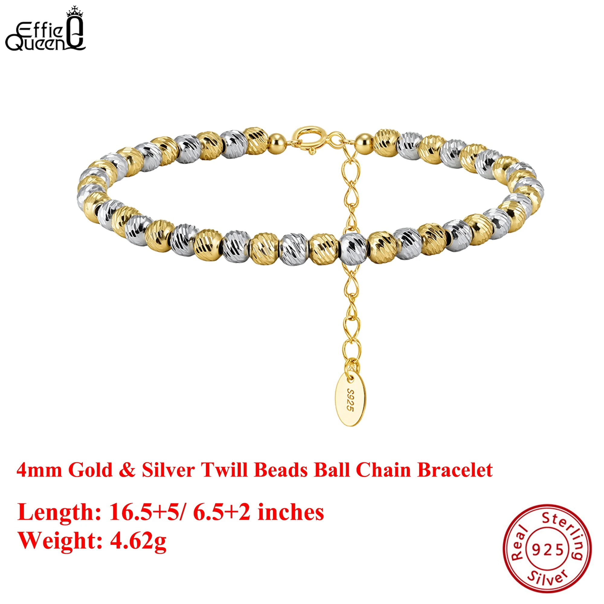 

EFFIE QUEEN S925 Серебро 14-каратное золото саржевые бусины Шариковая цепочка Браслет Роскошные украшения для женщин, мужской браслет Ручная цепочка в подарок GAB03