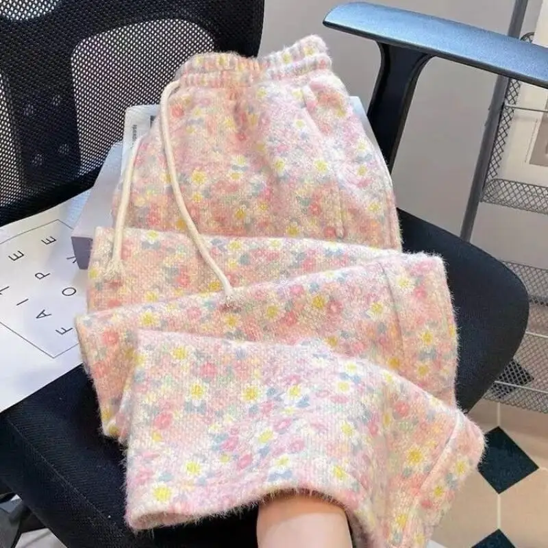 Damenhose, atmungsaktiv, Vintage, weich, Denim, Winter, Herbst, klebrig, rosa, Blumenmuster, hohe Taille, locker, lässig, Fleece, dick, weites Bein