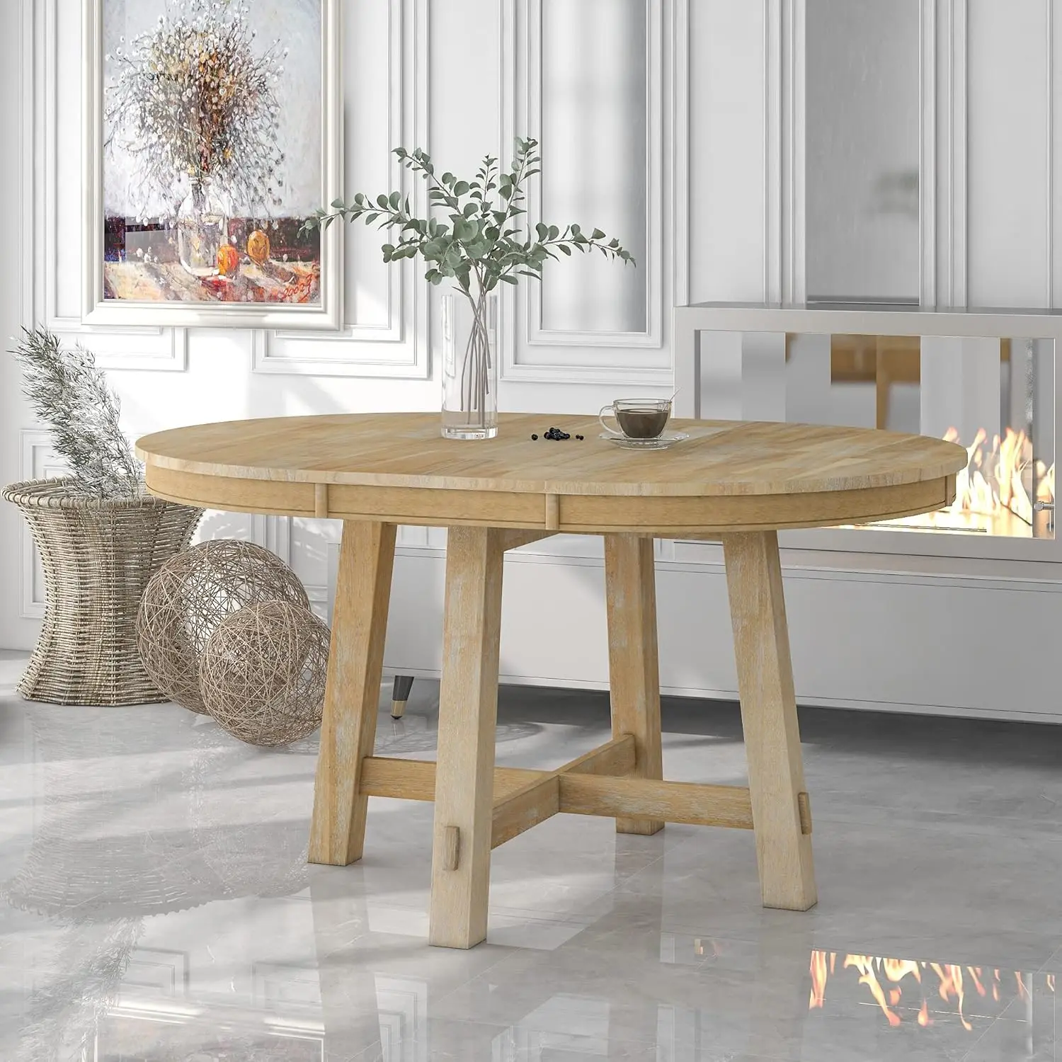 Mesa de comedor de madera para mesa de cocina extensible de granja de 6, 42”-58” con una hoja de 16”, mesa de comedor redonda de madera maciza con resistente