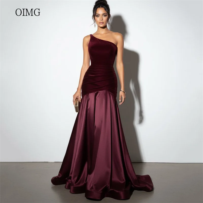 

OIMG Modern Velvet A Line Prom Gowns One Shoulder Backless Party Gown Floor Length Evening Dress vestidos de gala Customized