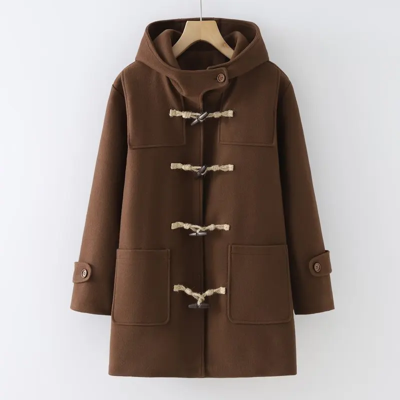 

[Готовый запас] Высококачественное женское шерстяное пальто, куртка с подкладкой из хлопка, утолщенные шерстяные куртки с большим карманом и деревянной пряжкой с капюшоном