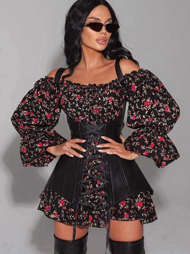 Mumaroho 2023 Autumn Winter Women Chic France Mini Off-Shoulder Dress Floral Printed Long Sleeve A-Line Flare Corset Dress