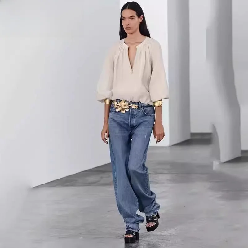 قميص نسائي بياقة مستديرة من سلسلة ZW، تصميم جديد للخريف بسحاب وأكمام طويلة، فضفاض بلون واحد، متعدد الاستخدامات للارتداء اليوم...