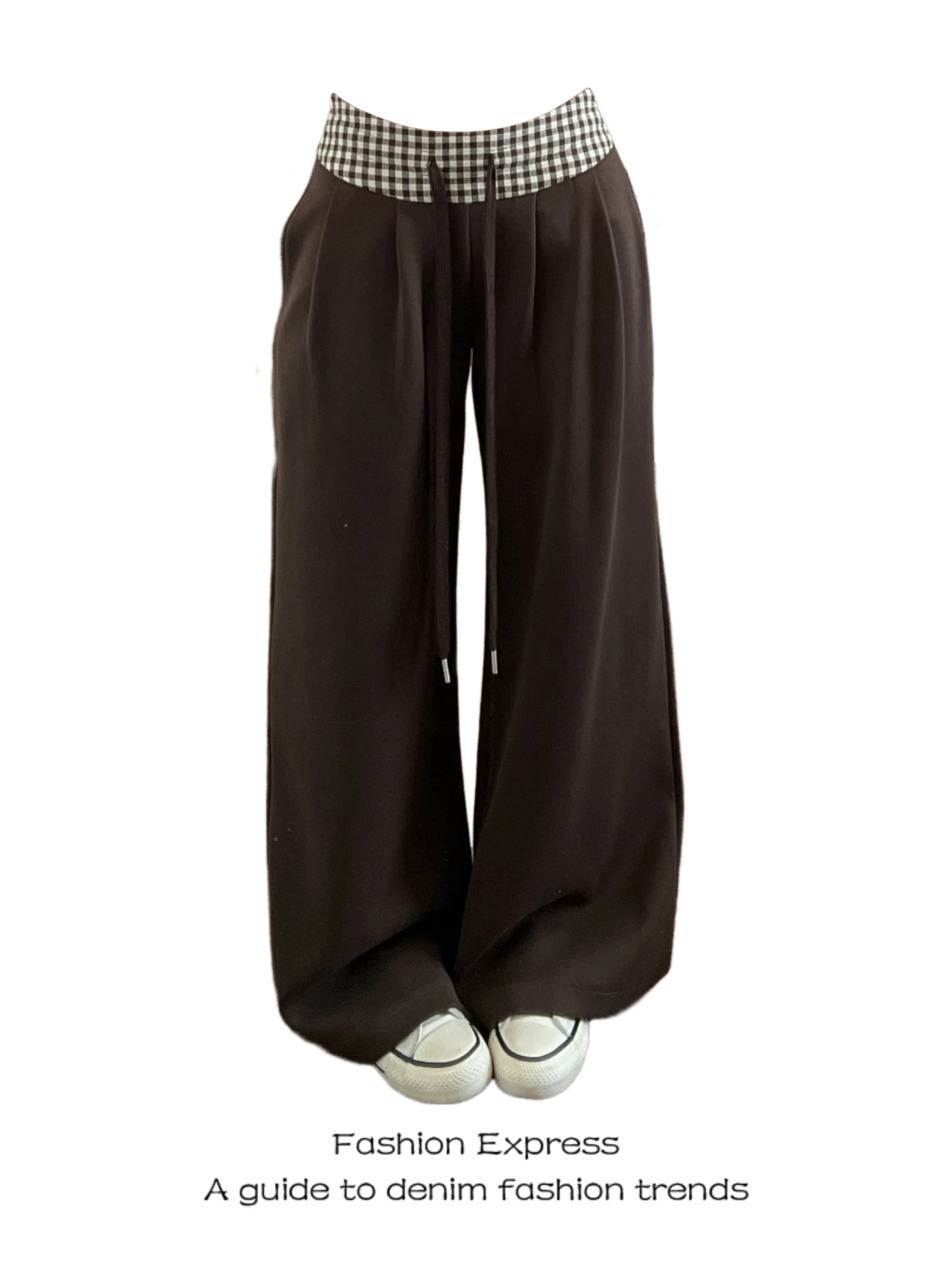 

Американские широкие брюки в стиле пэчворк, свободные спортивные ретро-брюки коричневого цвета, женские, весенние, новые, с высокой талией, прямые брюки-трубы