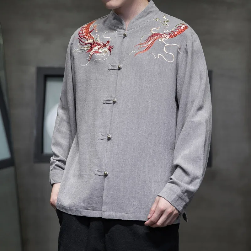 

Рубашки с длинными рукавами и вышивкой в китайском стиле, мужские льняные дышащие свободные повседневные рубашки с воротником-стойкой, социальные топы в стиле ретро