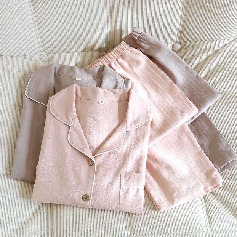 2026 New Spring And Autumn Couple's Pajama Set 100% Cotton Gauze Men's And Women's Solid Color Long Sleeve Home Clothing Set