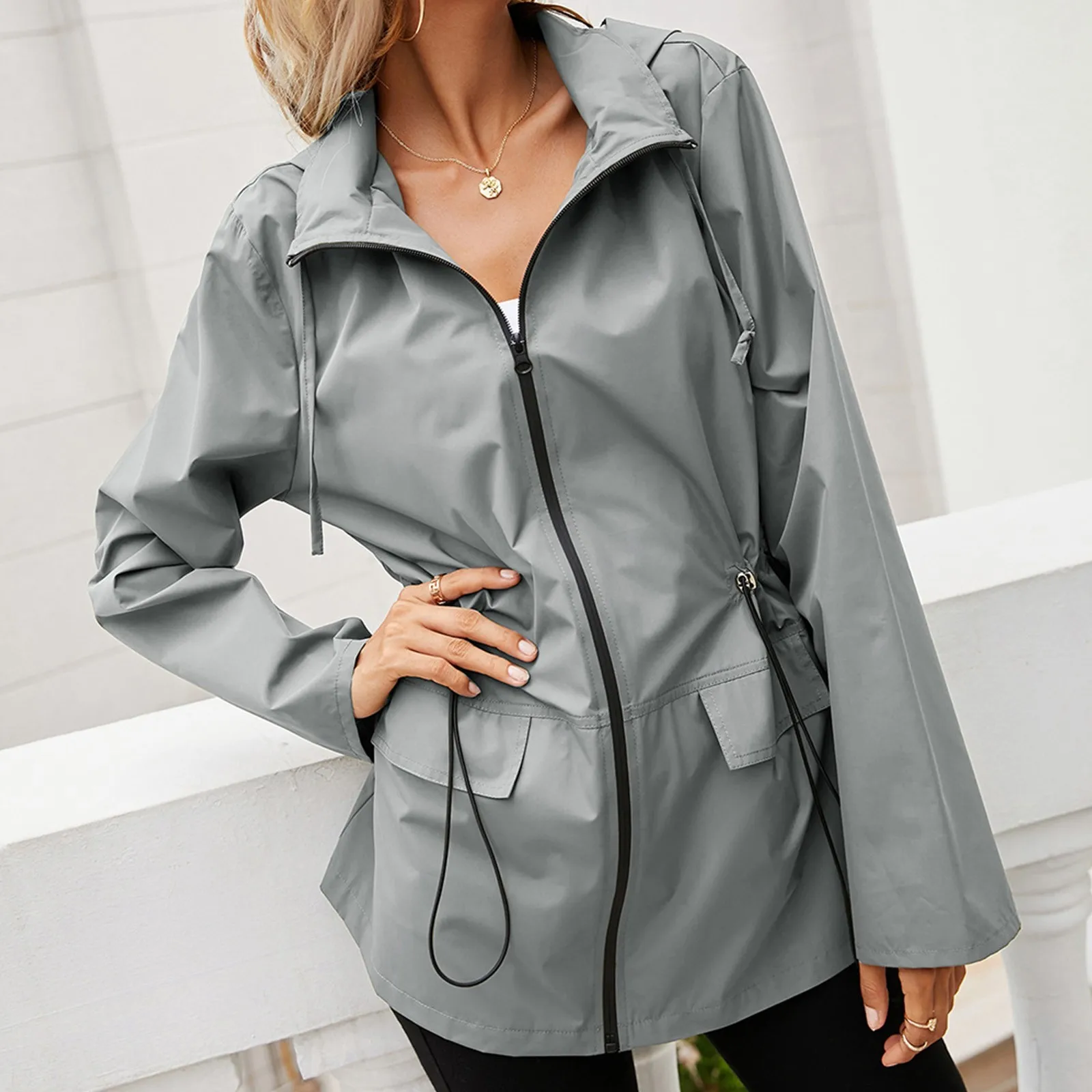 

Windproof Waterproof Raincoat Long Jacket Hooded Women Autumn Winter Outdoor Hiking Clothes Long Rain Tops Rainwear Lightweight