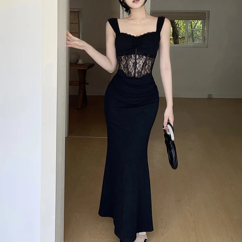 우아한 여성용 블랙 스파게티 스트랩 핏 이브닝 드레스 레이스 스플라이스 시스루 바디콘 머메이드 헴 여름 파티 프롬 드레스