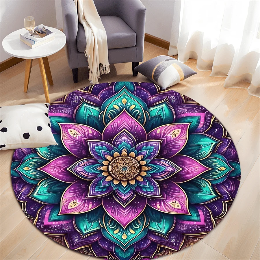 Boho Lotus Bloom Purple Round Carpet Ethnic Medallion Area Mat Nordic Retro Coffee Table Parlor Salon Interior Investment