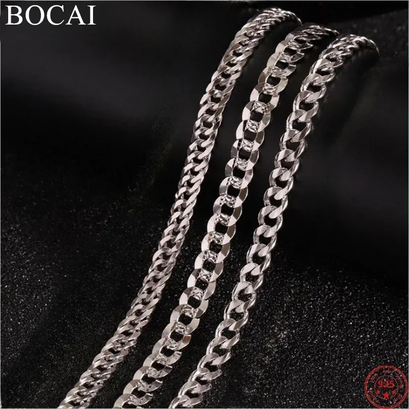 

BOCAI S925 Sterling Silver Necklaces for Women Men New Fashion Flat Cuban Link Chain Pure Argentum Jewelr Free Shipping