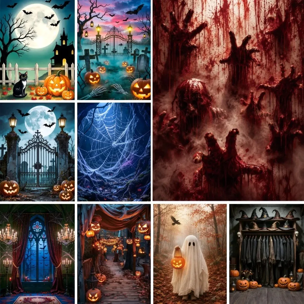 Halloween Photography Backdrop Horror ‌Moon Night Pumpkin Light Banner Bloody Ghost Claw Ghost Costume Decor Background Poster