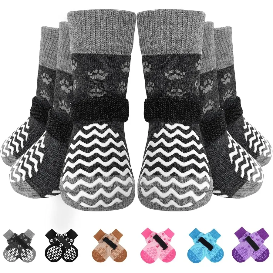 미끄럼 방지 강아지 양말 6개입, 발을 핥는 것을 방지하는 양면 강아지 부츠, 뜨거운 포장도로와 나무 바닥용 그립 포함