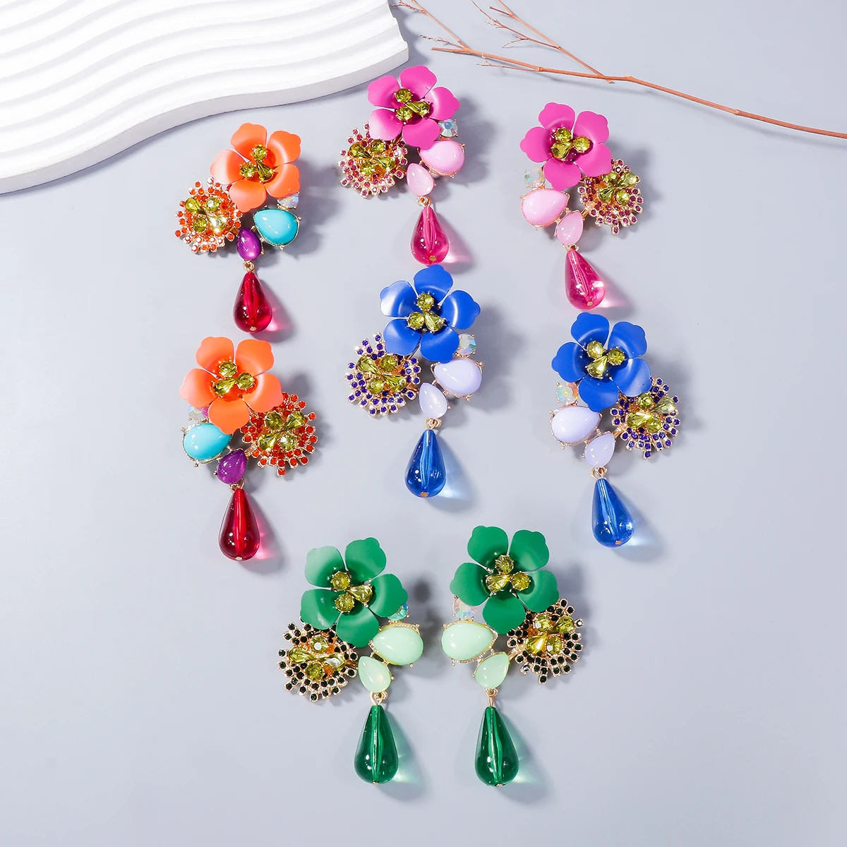 ZAA Exaggerated Colorful Resin Flower Water Drop Shape Long Drop Earrings for Women Vintage Statement Jewelry Gifts