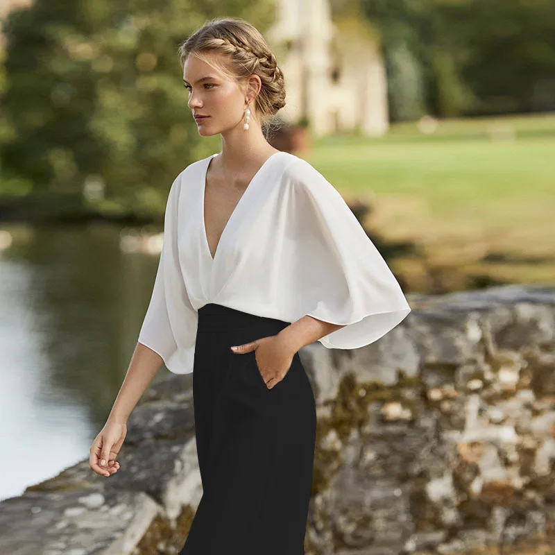 우아한 슬림핏 원피스 팬츠 딥 브이넥 와이드 레그 비치 휴가 하이웨이스트 롱 팬츠 캐주얼 점프수트 여성용