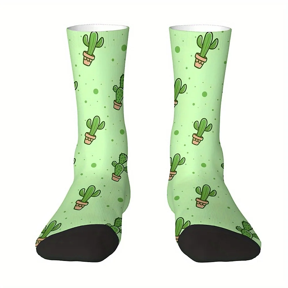1 Pair Unisex Crew Socks, Harajuku Seamless Print, Fun Novelty Cactus Pattern, Polyester 95% Spandex 5%, Hand Wash Only,