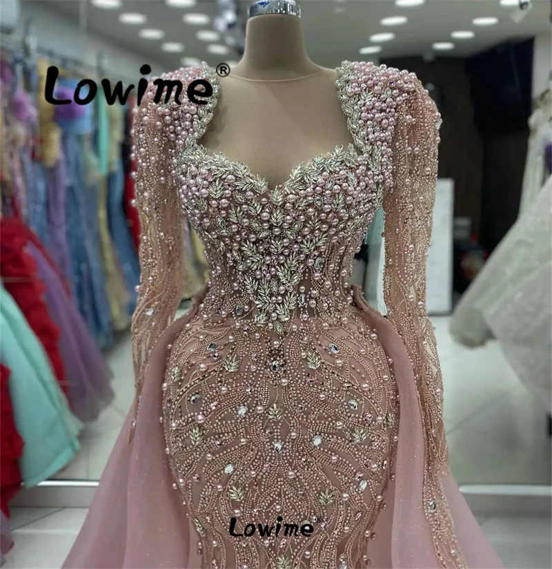 Elegant Pink Full Beaded Pearls Engagement Dress Long Sleeves Couture Crystals Mermaid Party Dress For Wedding Prom Evening Gown