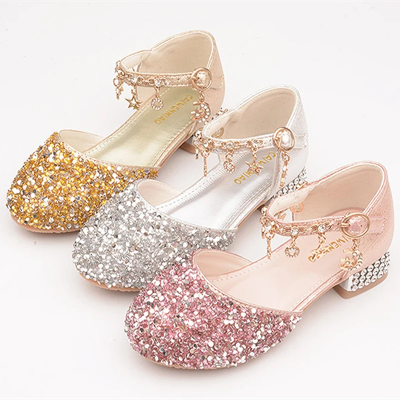 

Glitter Shiny Rhinestone Princess Shoes For Girls Kids Leather Shoes Girl Wedding Party Dance Shoe Children High Heels Shoes