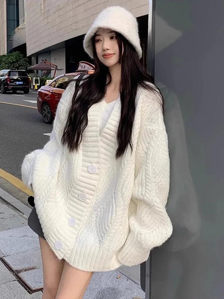 Chunky Knit Cardigan Sweaters Women Oversize Long Sleeve Button Up Cable Knitted Coat Fall Winter Loose Korean Fashion Outfit