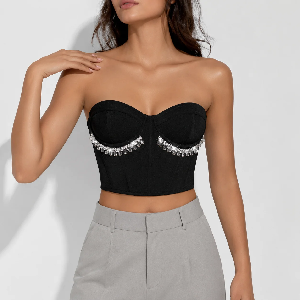 Women Clubwear Black Corset Top Rhinestone Trim Strapless Bustier Women Form Fitting Night Out Cropped Tube Top