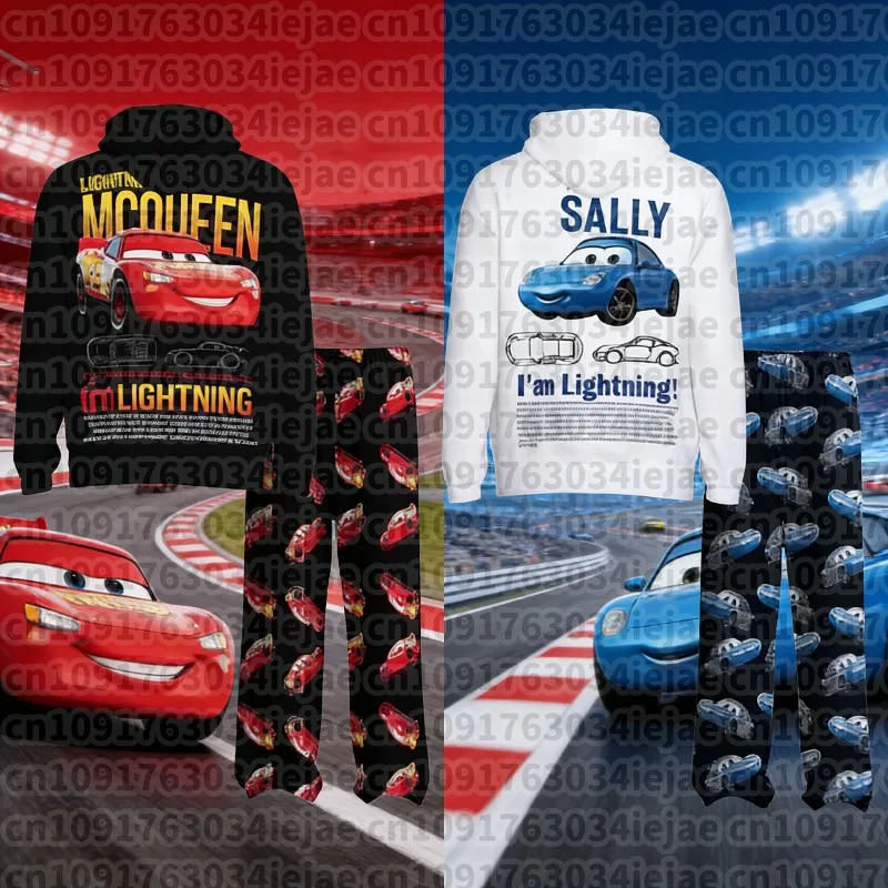 2026 The Cars Lightning McQueen & SALLY الخريف والشتاء هوديي مع بنطلون بيجاما بدلة كبيرة الحجم للكبار/الأطفال زوجين وتتسابق #1