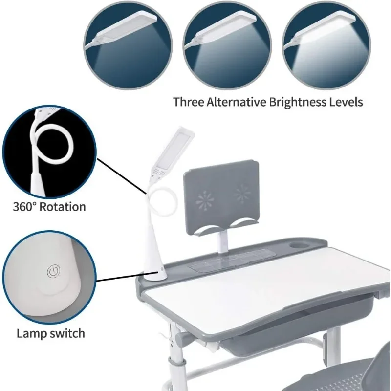 Altura ajustável Escola Study Desk com Tilt Desktop, Bookstand, lâmpada LED, gancho de metal, gaveta de armazenamento para meninos, crianças