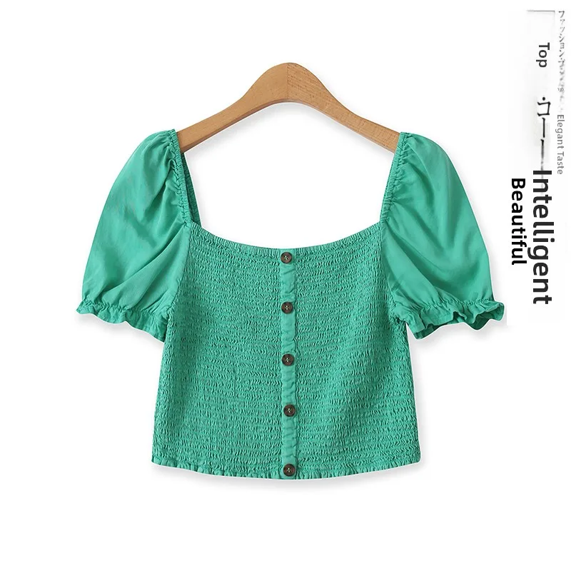 Fashionable T-Shirt Summer New Women's Clothing Pleated Belly Button Slimming Decorative Button Bubble Sleeve Lyocell Short S...