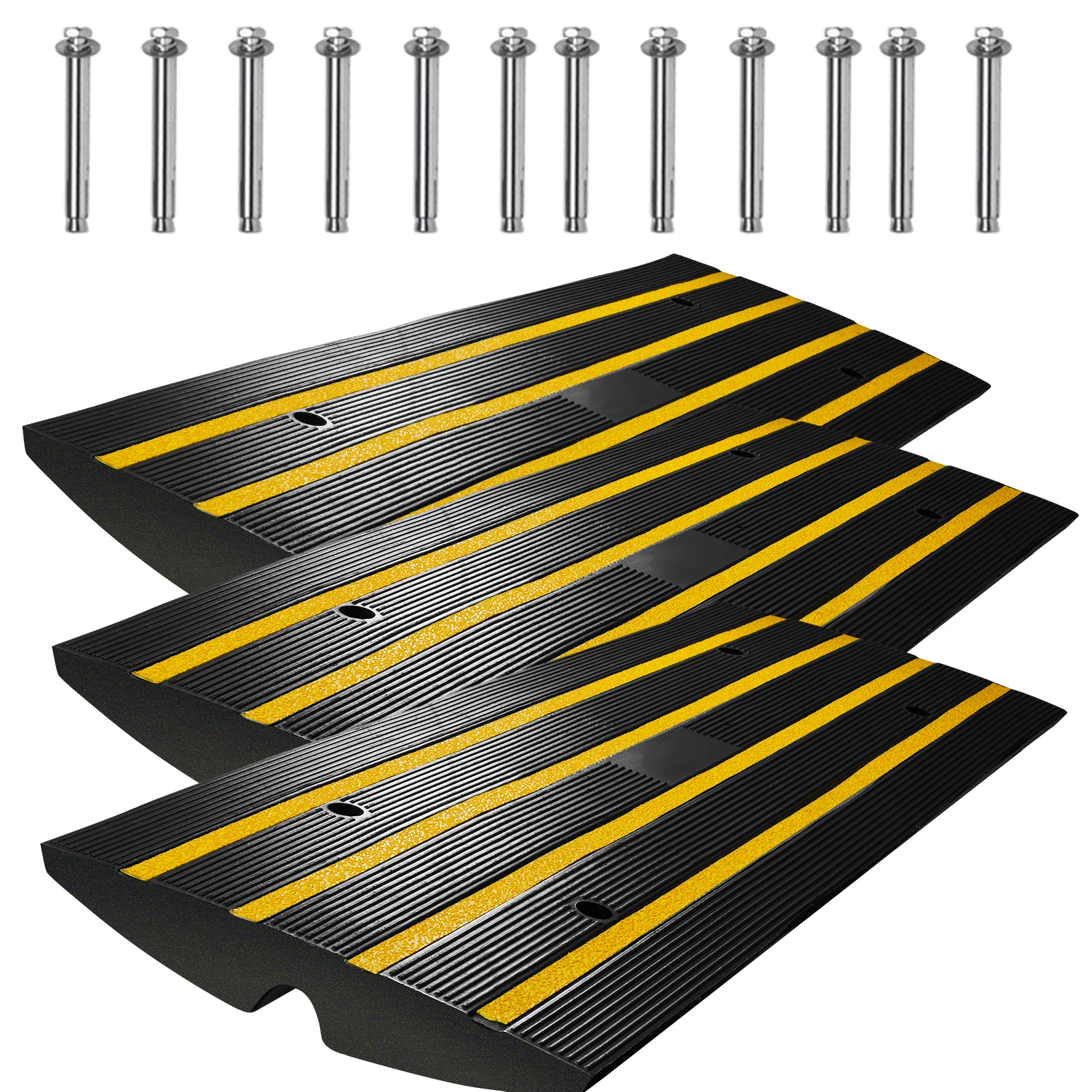 Curb Ramp, 3 Pack Rubber Driveway Ramps, Heavy-Duty 33069 lbs Weight Capacity Threshold Ramp, 2.6-inch High Curbside Bridge Ramps for Loading Dock Garage Sidewalk, Expandable Full Ramp Set