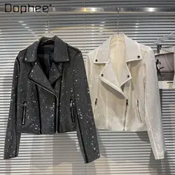 Motorcycle Full Diamonds Short Coat for Women 2023 Autumn New Hot Girls Hot Rhinestone Oblique Zipper Jacket Jaqueta Feminina