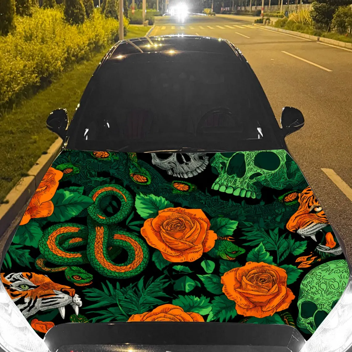 

Cool Floral Tiger - Skull Car Hood Stickers - Self-Adhesive, Waterproof and Durable Vinyl Wrap, Decorate And Protect Your Car, F