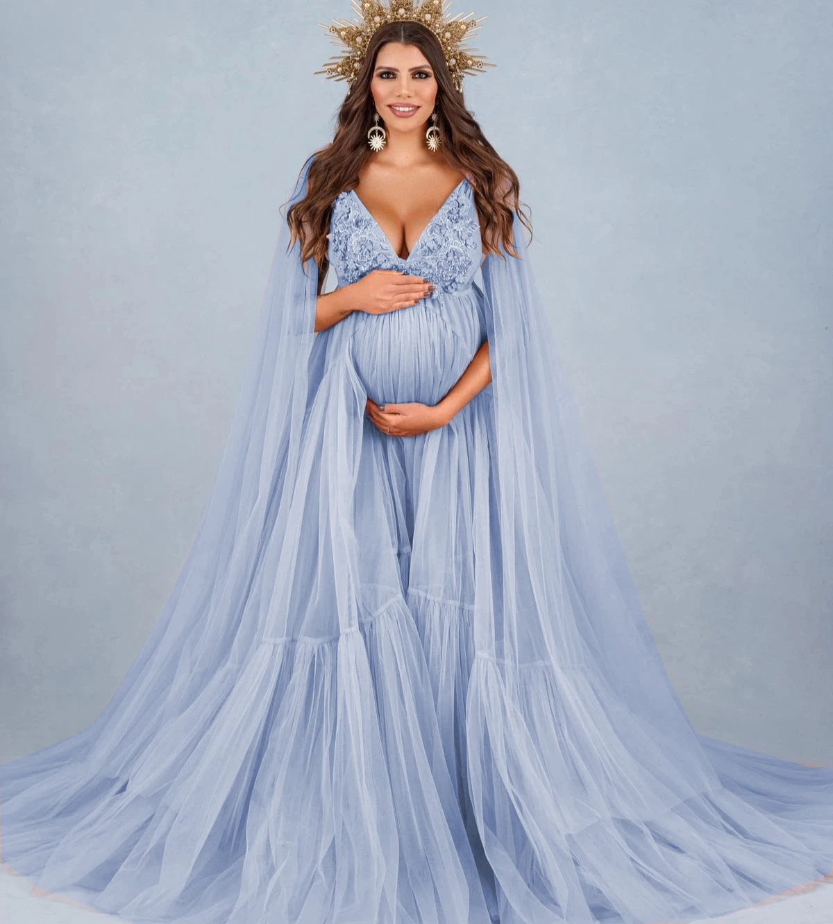 New Maternity Gown for Photoshoot or Babyshower Tulle Pearls Lace Maternity Gown with Cape Bathrobe Nightwear