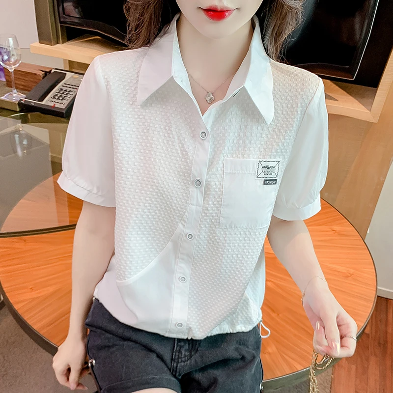 

Chic Collar Short Sleeve T-Shirt White Shirt Women's Fashionable Summer New Style Age Reduction Small Shirt Polyester Top