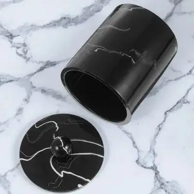 

1pc Marble Storage Box Cotton Pad Holder Resin Material Bathroom Decor Travel Size Round Cover Dust Moisture Proof Container