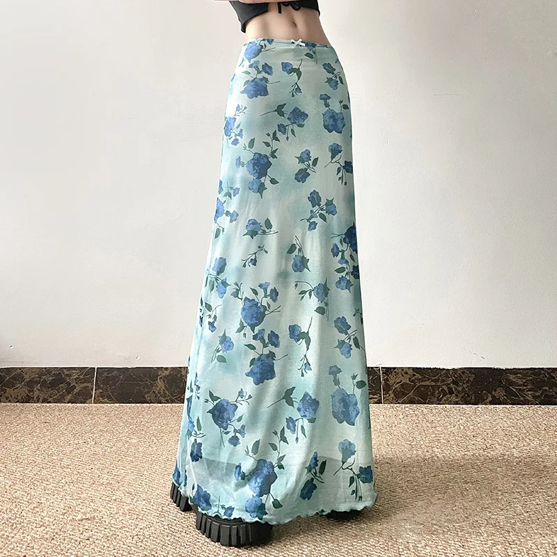 Y2K America Floral Bow Skirt Girl Gentle Hip Hugging Small Fresh Simple Elegant Graceful Long