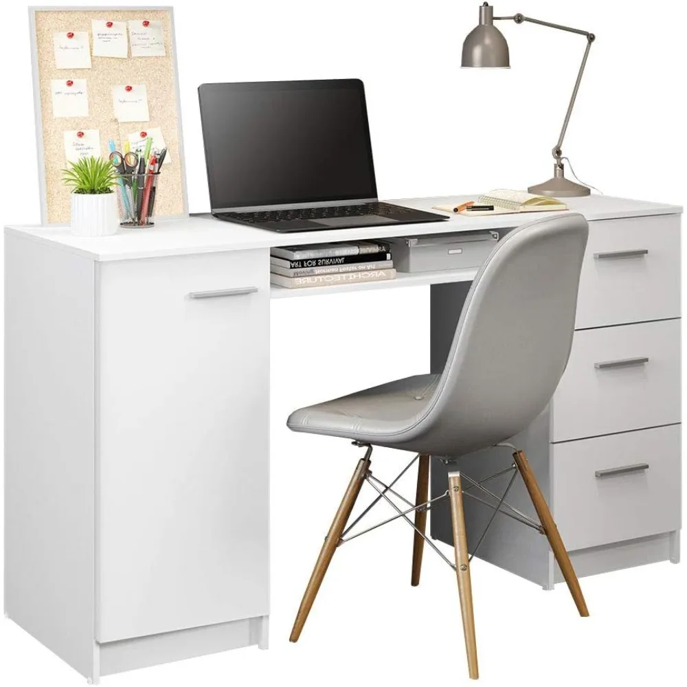 Modern desk with storage drawer 53 inches, study desk for home office, minimalist style, 3 drawers, 1 door, 1 storage shelf