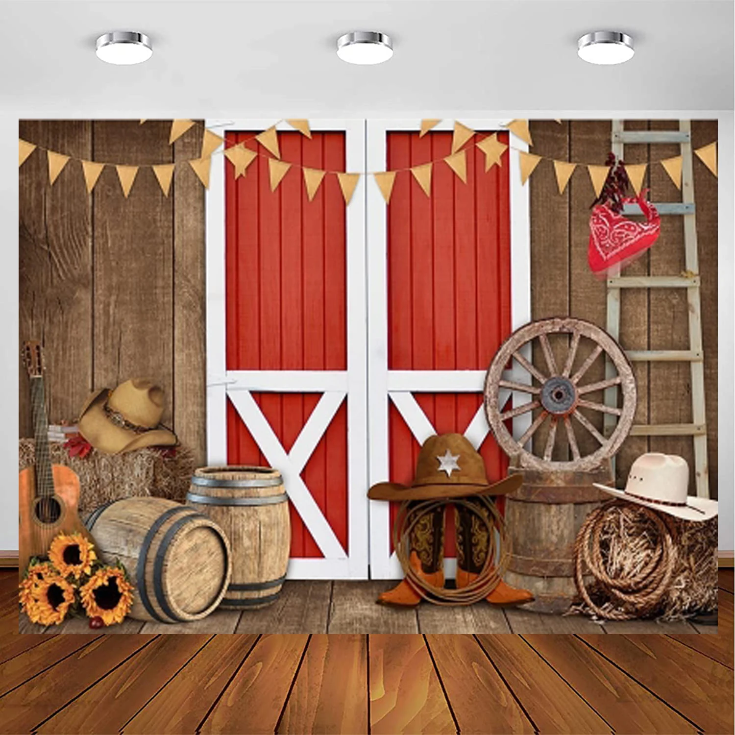 

Western Cowboy Photography Backdrop Western Red Barn Door Farm Vintage Party Banner Decoration Hay Cowboy Hat Background