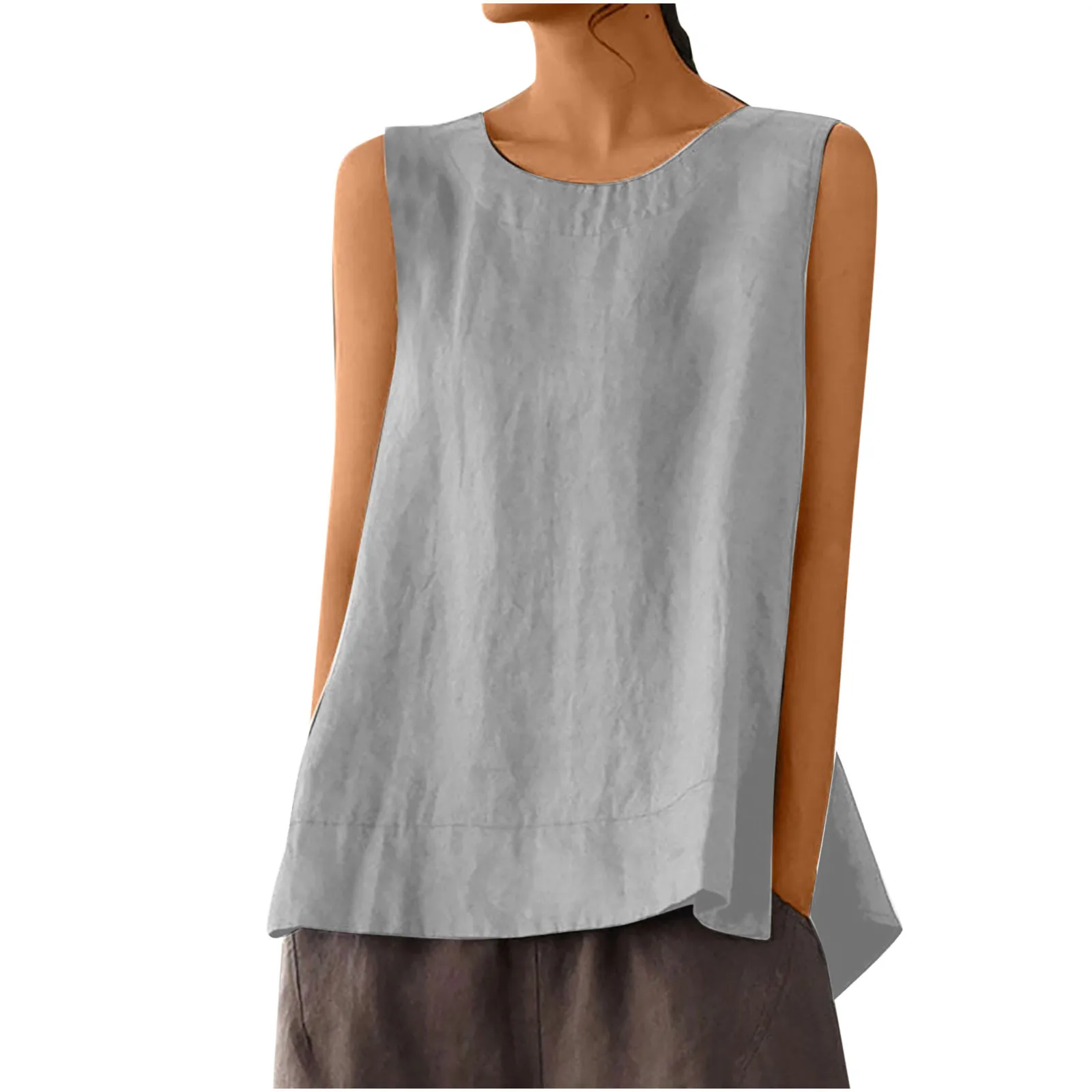 Female Summer Oversized Solid Color Retro Casual Cotton Linen Solid Color Sleeveless Round Neck Soft And Breathable Top Vest