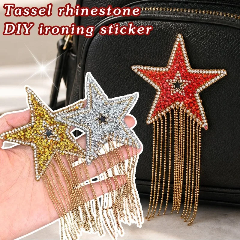 Fashion Resin Rhinestone Five-pointed Star Fringed Chain Heat-stampe for DIY Clothing Hat Cloth Patch Hole Repair Fabric Sticker