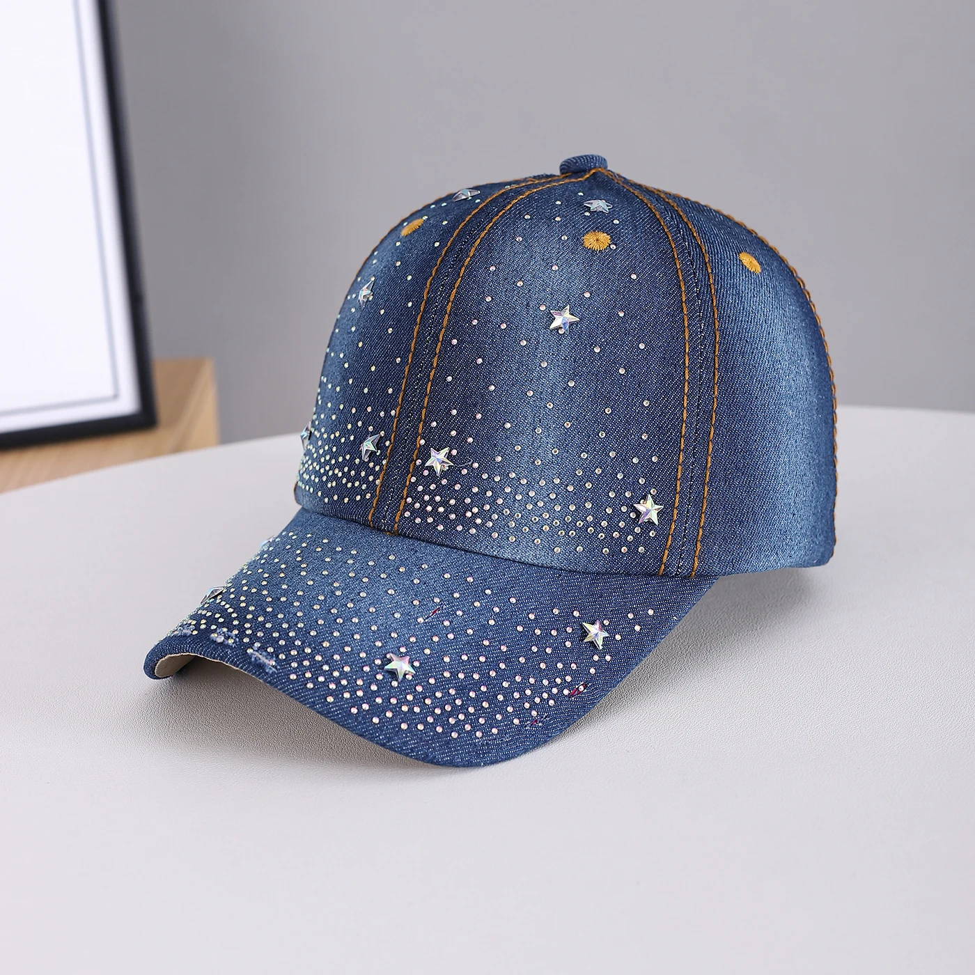 Gentle and Sweet-Cool Style Glittering Mini Star-Studded Gradient Rhinestone Sky-Patterned Denim Frayed Baseball Cap