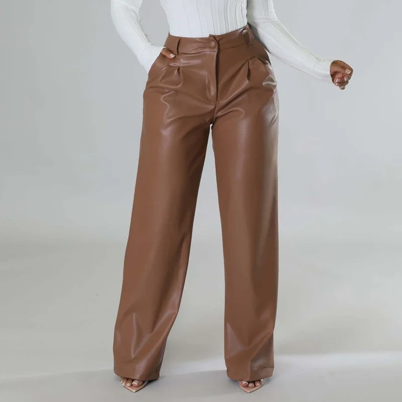 

Vinage Wide Leg PU Leather Pants 2023 Fashion Women Pant Autumn and Winter Casual Pocket Trousers Loose Elegant Pantalon 30033