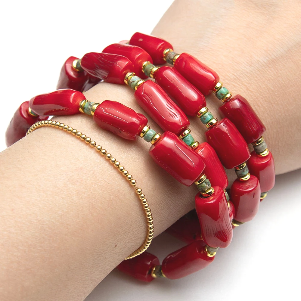 

Высококачественный браслет из красного коралла, нерегулярные коралловые бусины, бирюзовые бусины-разделители, идеальные ювелирные изделия, женский подарок, повседневные мужские украшения